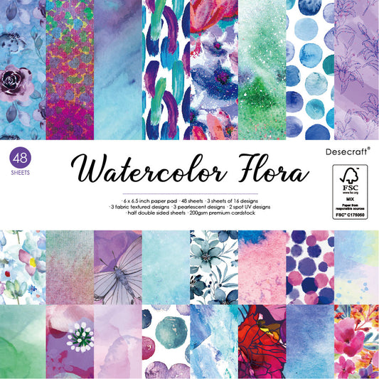 Desecraft Watercolor Flora 6 X 6.5 in Double Sided Paper Pad Pack Scrapbook Cardstock Decorative Paper - 48 Sheets