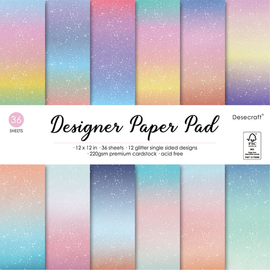 Desecraft 12x12 Glitter Shining Pastel Watercolor Cardstock Scrapbook Paper  - 36 Sheets