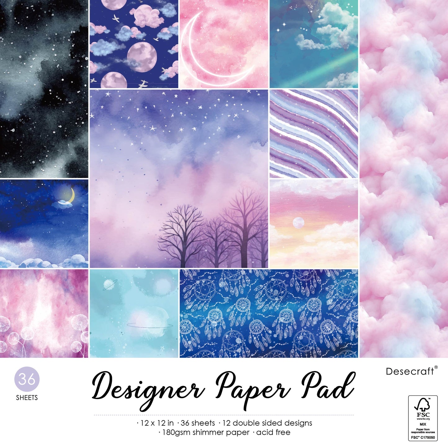 Desecraft 12x12 Shimmer Dream Watercolor Cardstock Scrapbook Paper - 36 Sheets