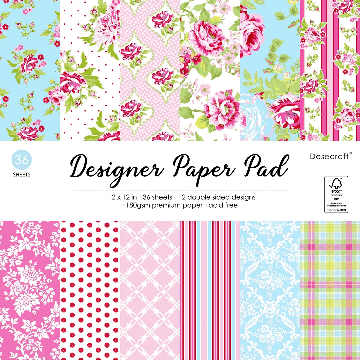 Desecraft Pretty Rose 12x12 in Double Sided Paper Pad Pack Scrapbook Cardstock Decorative Paper - 36 Sheets