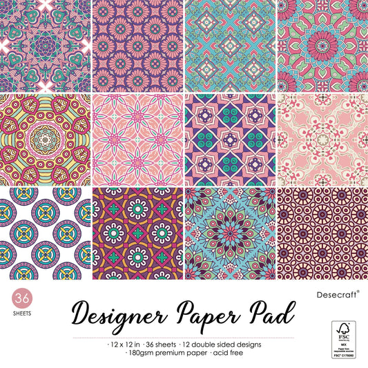 Desecraft Mandala Pink 12x12 in Double Sided Paper Pad Pack Scrapbook Cardstock Decorative Paper - 36 Sheets