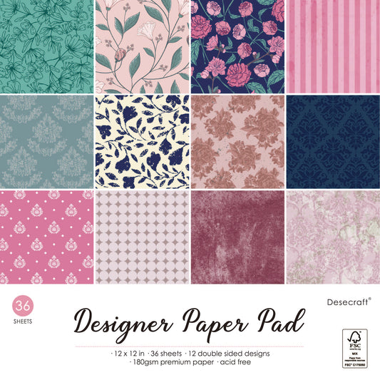 Desecraft Vintage Pastel 12x12 in Double Sided Paper Pad Pack Scrapbook Cardstock Decorative Paper - 36 Sheets