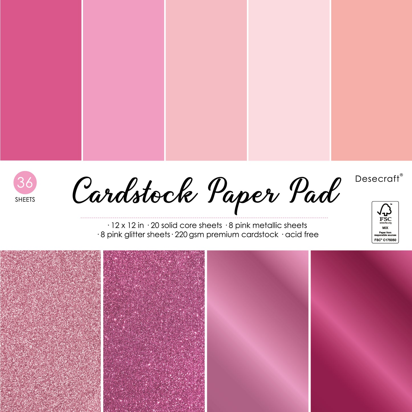 Desecraft 36 Sheets Dalentines Day 12x12 Cardbook Decorativstock Scrape Paper - 220gsm Pink Solid Glitter Shimmer