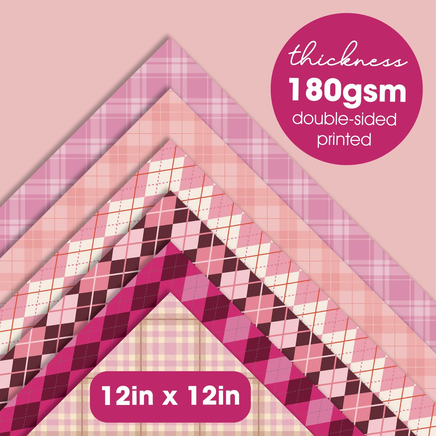 Desecraft Pink Tartan 12x12 in Double Sided Paper Pad Pack Scrapbook Cardstock Decorative Paper - 36 Sheets