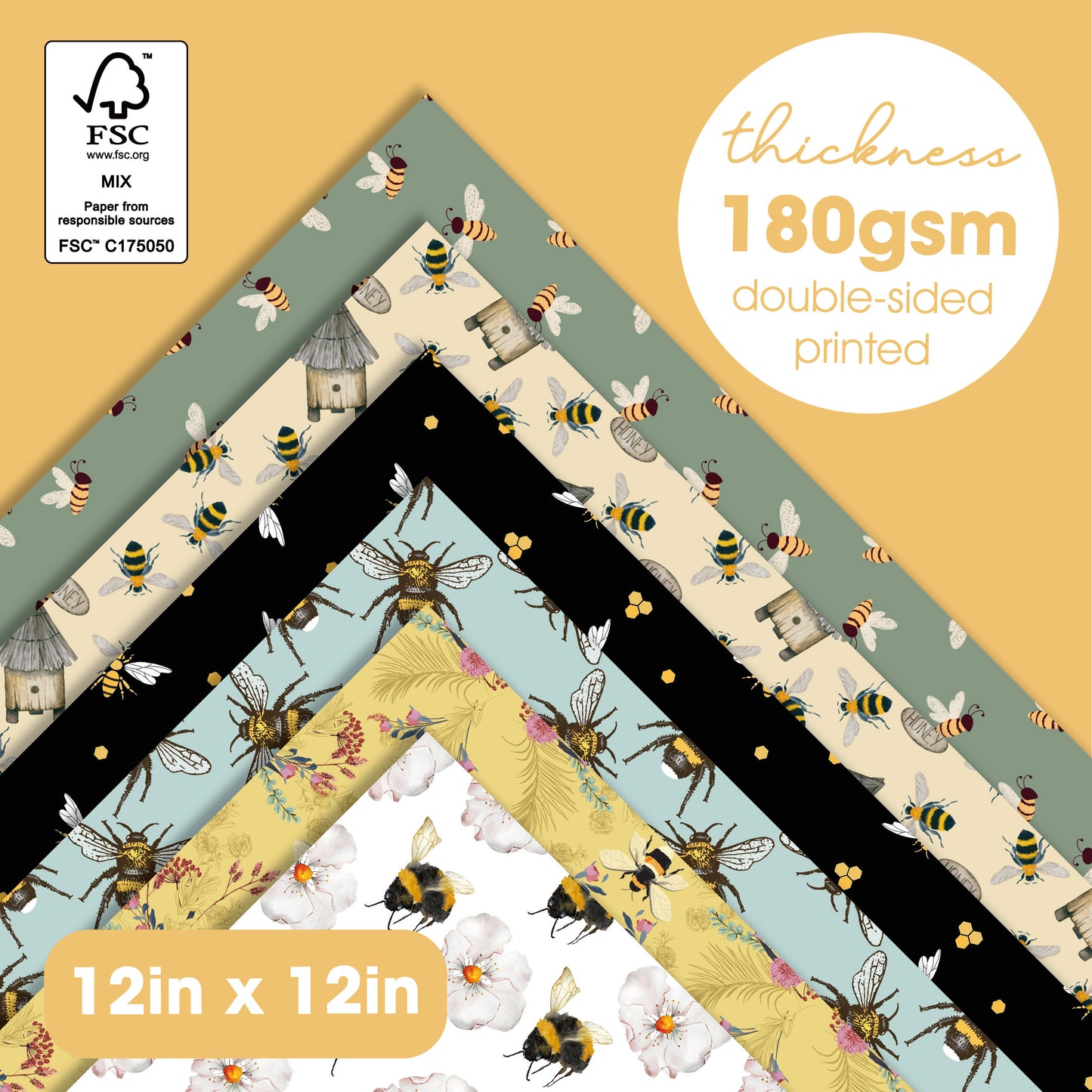 Desecraft Bee and Behive 12x12 in Double Sided Paper Pad Pack Scrapbook Cardstock Decorative Paper - 36 Sheets