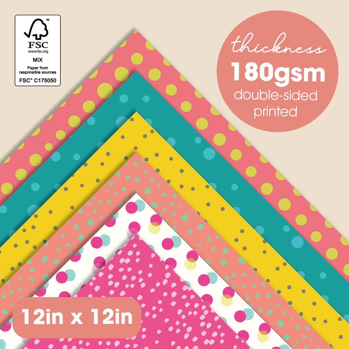 Desecraft Pastel Polka Dot 12x12 in Double Sided Paper Pad Pack Scrapbook Cardstock Decorative Paper - 36 Sheets