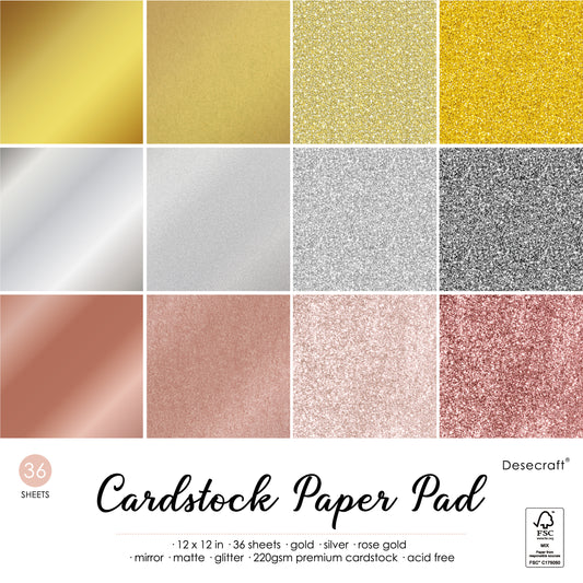 Desecraft Gold Sliver Pink Rose Gold 12x12 Cardstock Scrapbook Decorative Paper - 36 Sheets