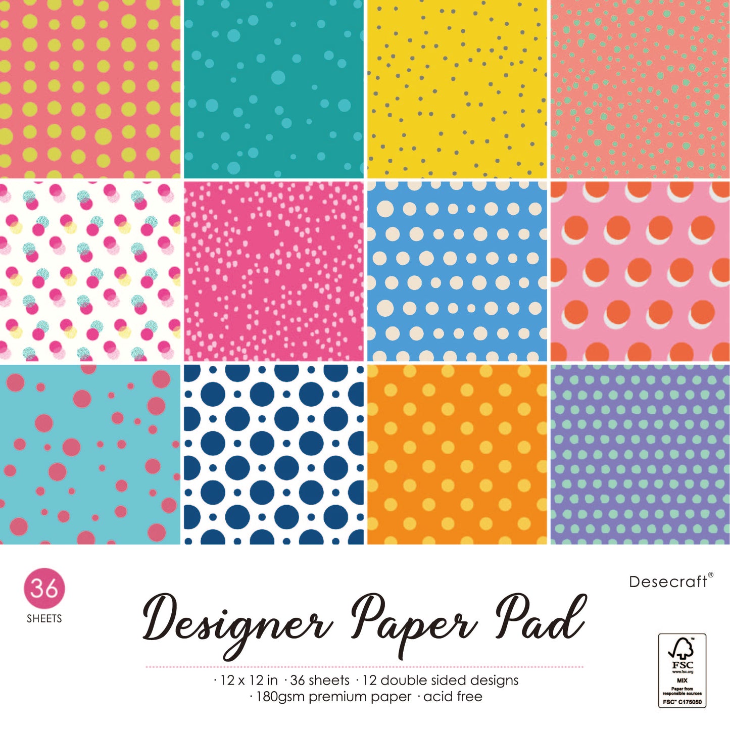 Desecraft Pastel Polka Dot 12x12 in Double Sided Paper Pad Pack Scrapbook Cardstock Decorative Paper - 36 Sheets