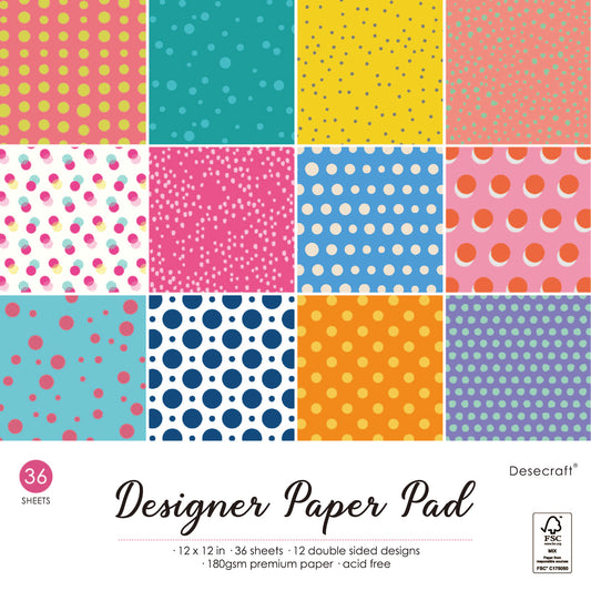 Desecraft Pastel Polka Dot 12x12 in Double Sided Paper Pad Pack Scrapbook Cardstock Decorative Paper - 36 Sheets