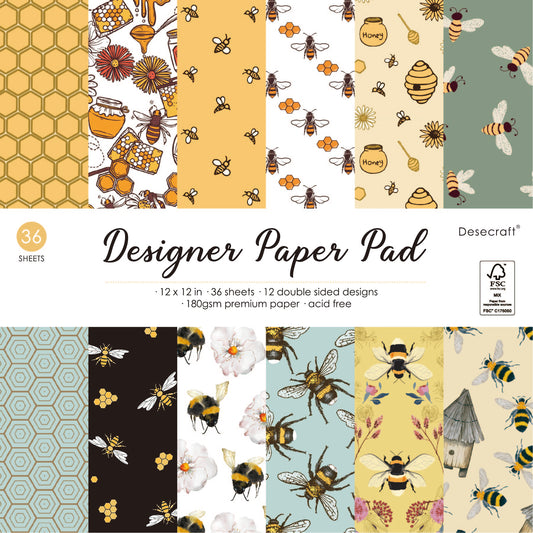 Desecraft Bee and Behive 12x12 in Double Sided Paper Pad Pack Scrapbook Cardstock Decorative Paper - 36 Sheets