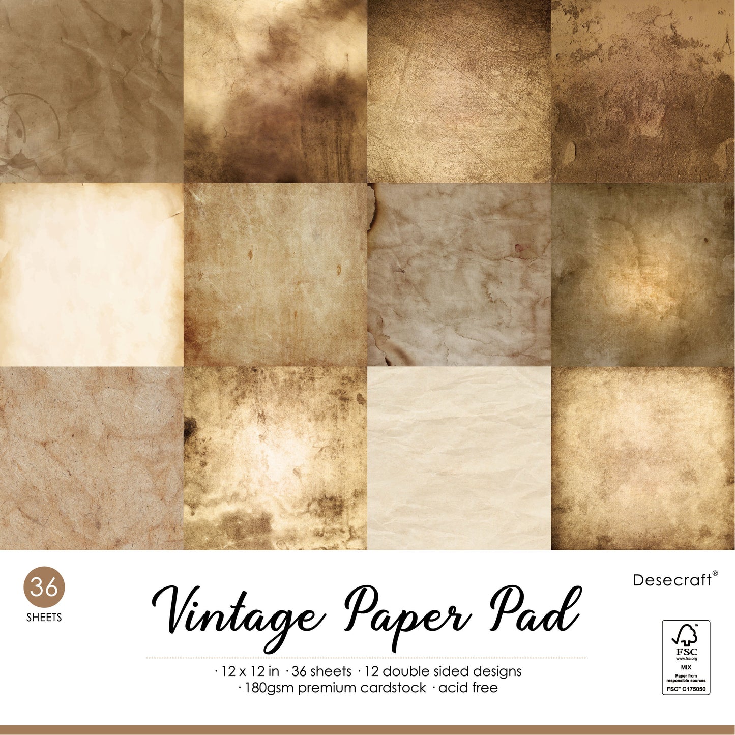 Desecraft Vintage 12x12 in Double Sided Paper Pad Pack Scrapbook Cardstock Decorative Paper - 36 Sheets