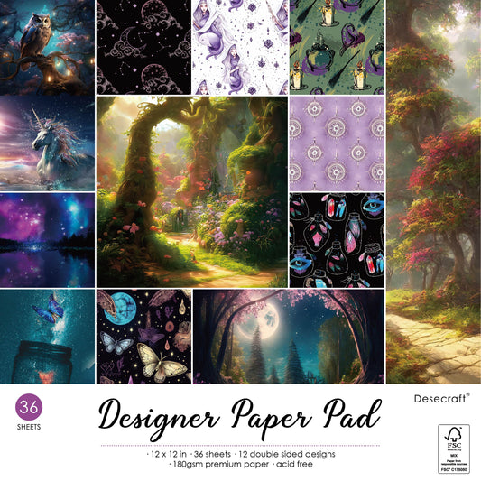 Desecraft 12x12 Enchanted Forest Cardstock Scrapbook Paper - 36 Sheets