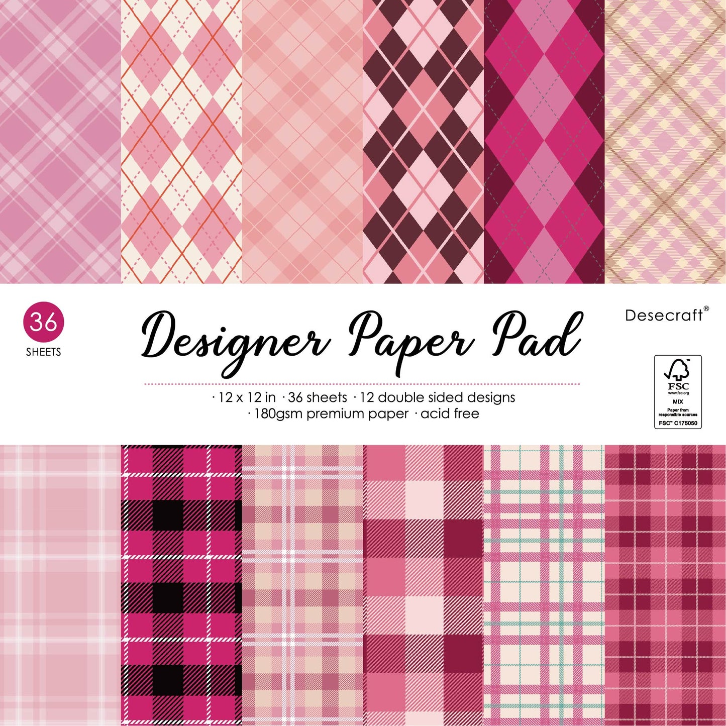 Desecraft Pink Tartan 12x12 in Double Sided Paper Pad Pack Scrapbook Cardstock Decorative Paper - 36 Sheets