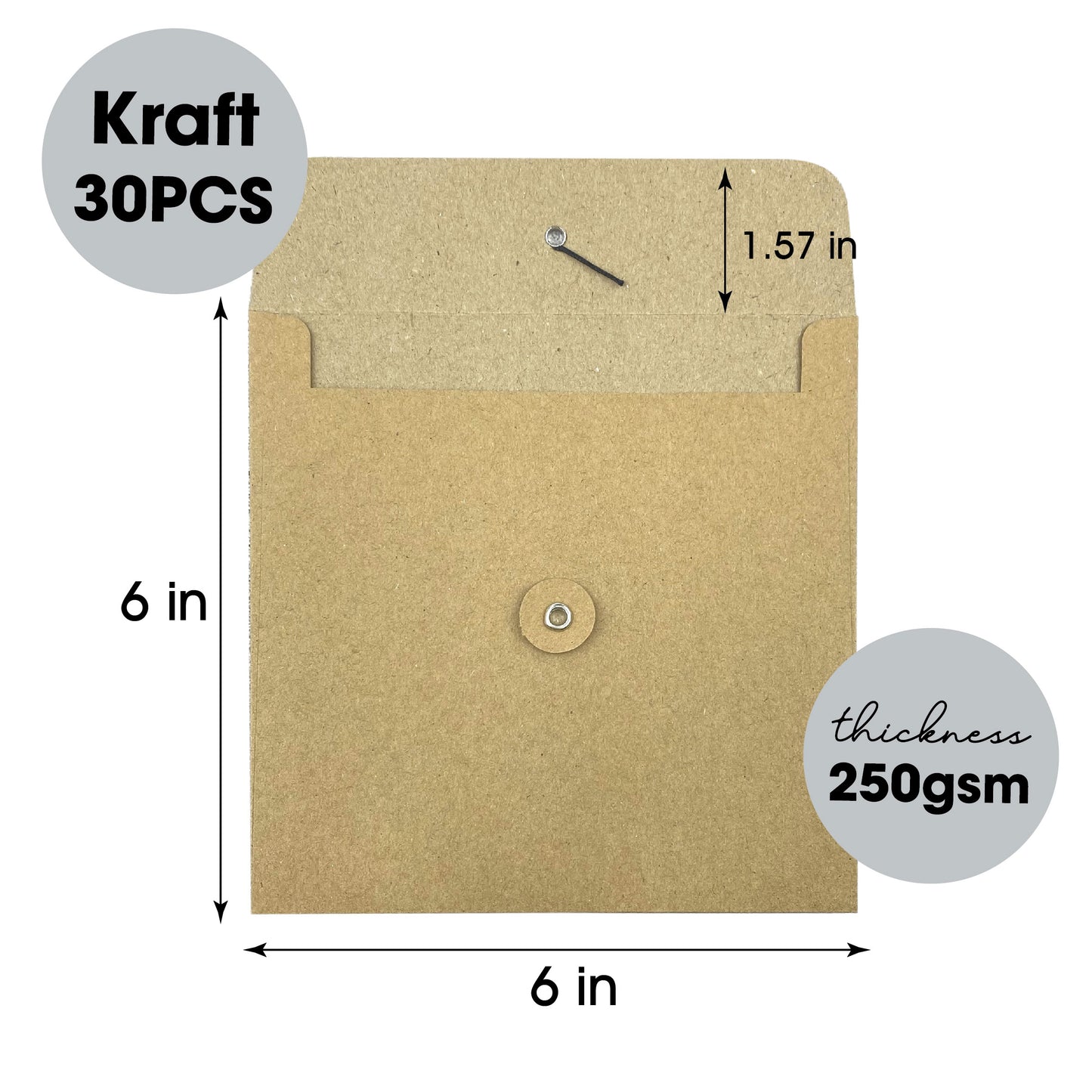 Desecraft 250gsm 30Pcs 6"x6" Square Small Kraft Paper Business Cute Vintage Envelopes Button and String Tie Closure Clasp