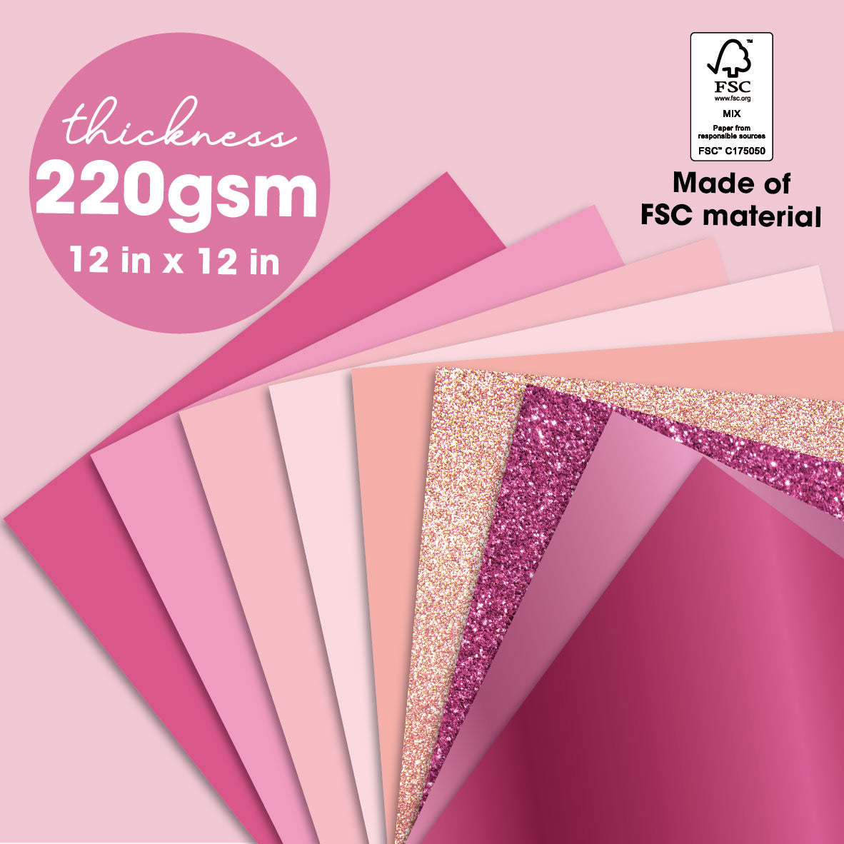 Desecraft 36 Sheets Dalentines Day 12x12 Cardbook Decorativstock Scrape Paper - 220gsm Pink Solid Glitter Shimmer