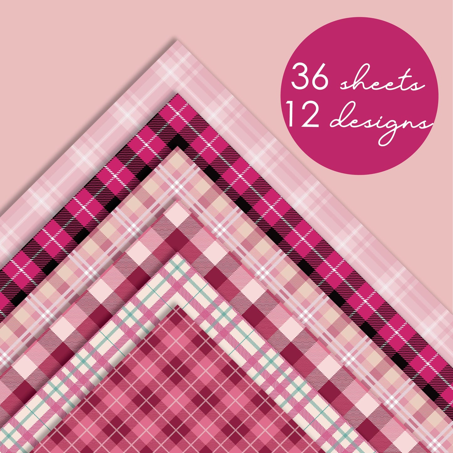 Desecraft Pink Tartan 12x12 in Double Sided Paper Pad Pack Scrapbook Cardstock Decorative Paper - 36 Sheets