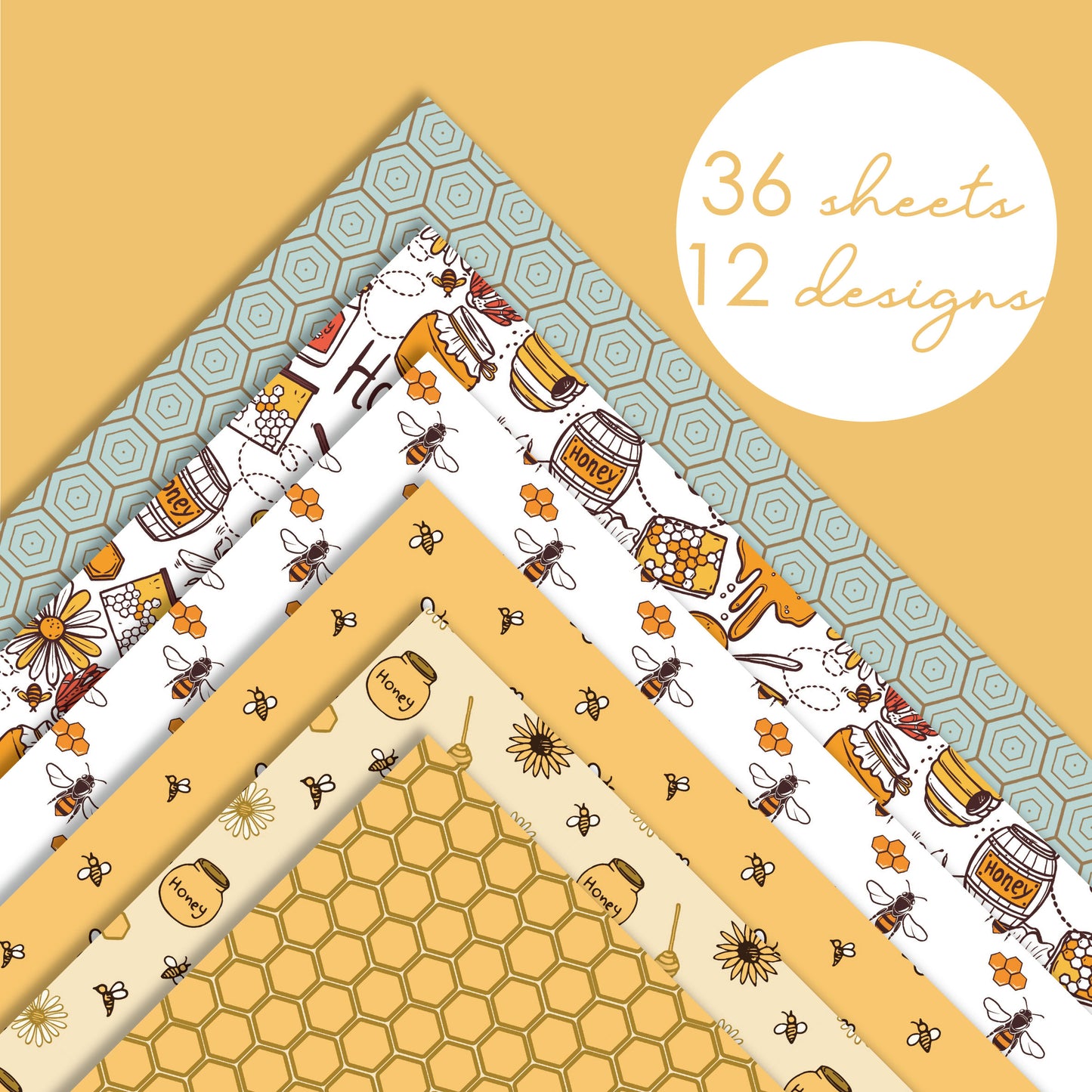 Desecraft Bee and Behive 12x12 in Double Sided Paper Pad Pack Scrapbook Cardstock Decorative Paper - 36 Sheets