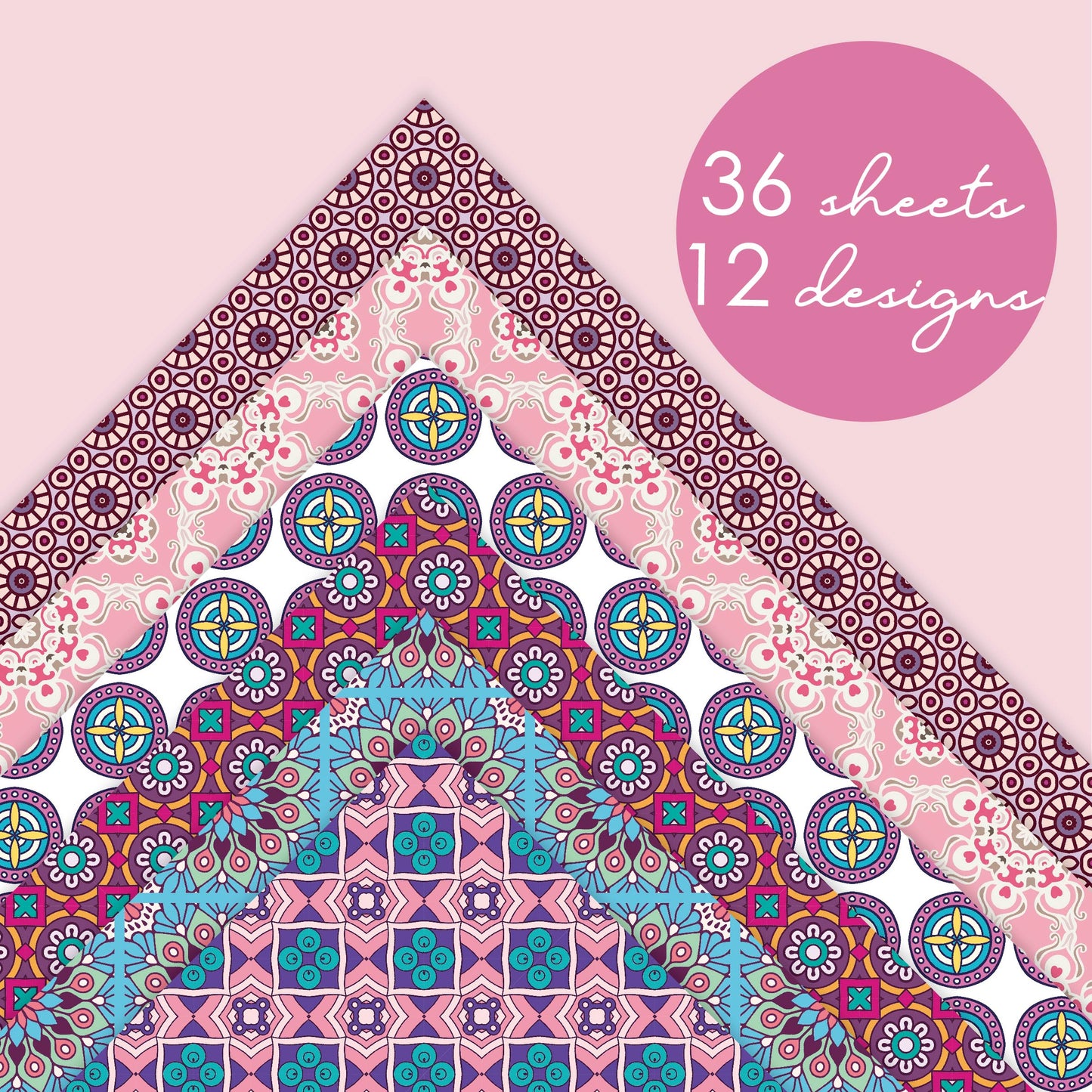 Desecraft Mandala Pink 12x12 in Double Sided Paper Pad Pack Scrapbook Cardstock Decorative Paper - 36 Sheets