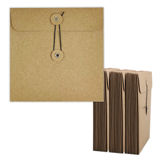 Desecraft 250gsm 30Pcs 6"x6" Square Small Kraft Paper Business Cute Vintage Envelopes Button and String Tie Closure Clasp