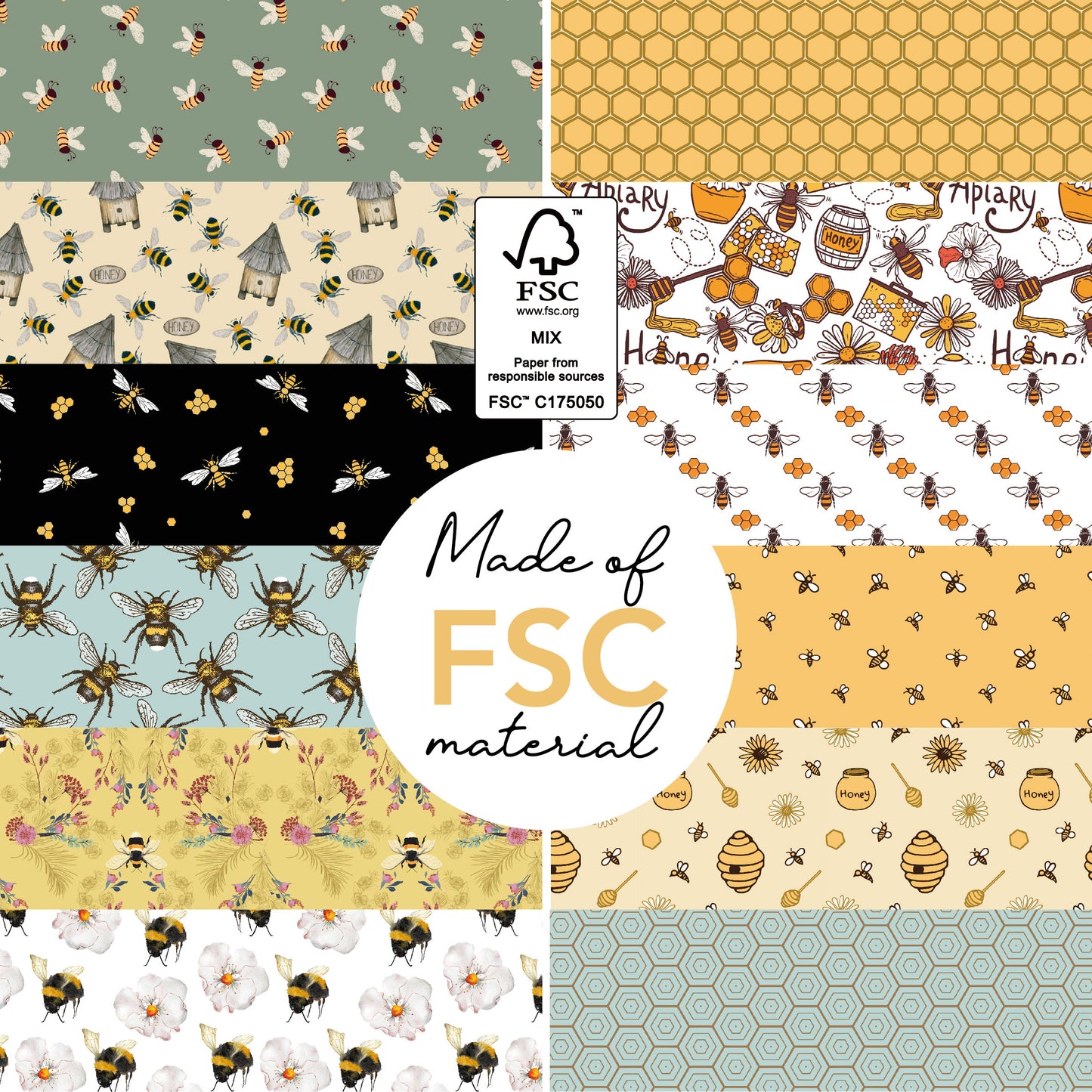 Desecraft Bee and Behive 12x12 in Double Sided Paper Pad Pack Scrapbook Cardstock Decorative Paper - 36 Sheets