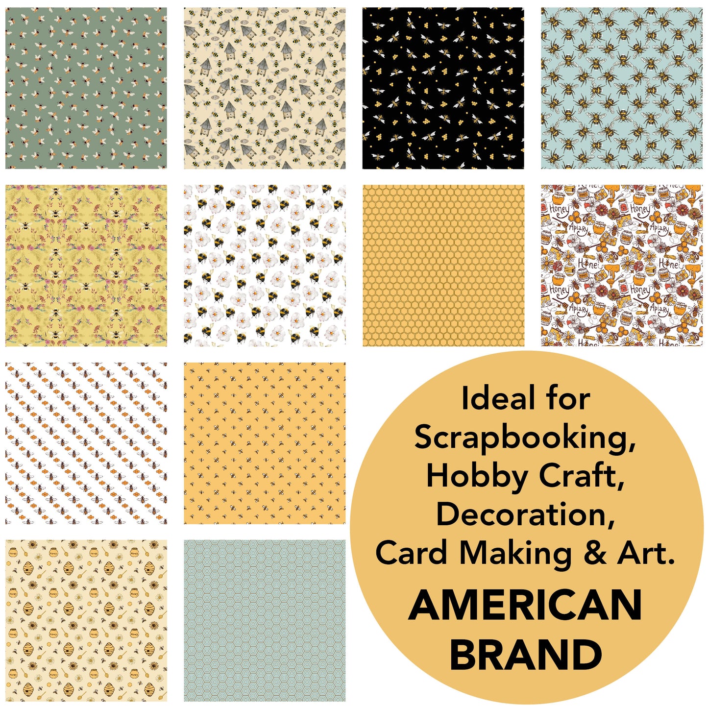 Desecraft Bee and Behive 12x12 in Double Sided Paper Pad Pack Scrapbook Cardstock Decorative Paper - 36 Sheets