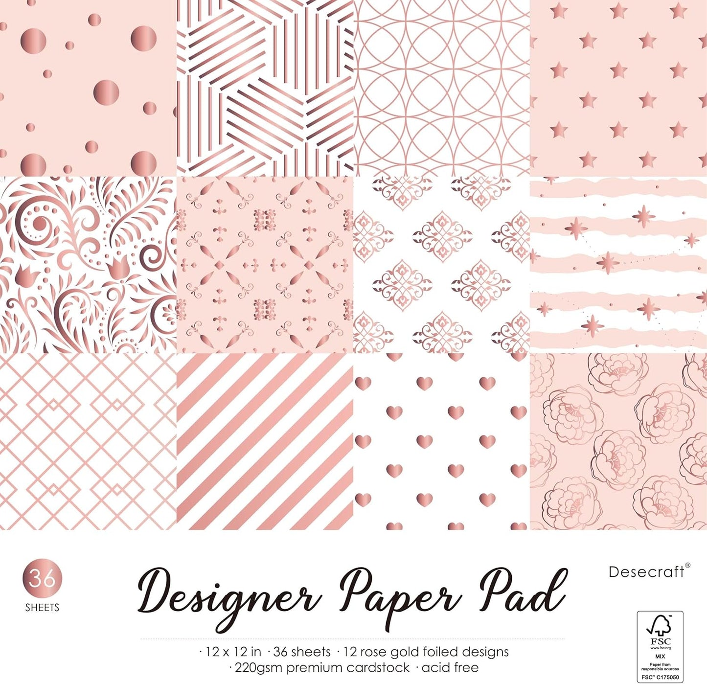 Desecraft 36 Sheets 12x12 Rose Gold Cardstock Scrapbook Decorative Paper for Card Making Journaling Origami Scrapbook Paper Scrapbooking Supplies