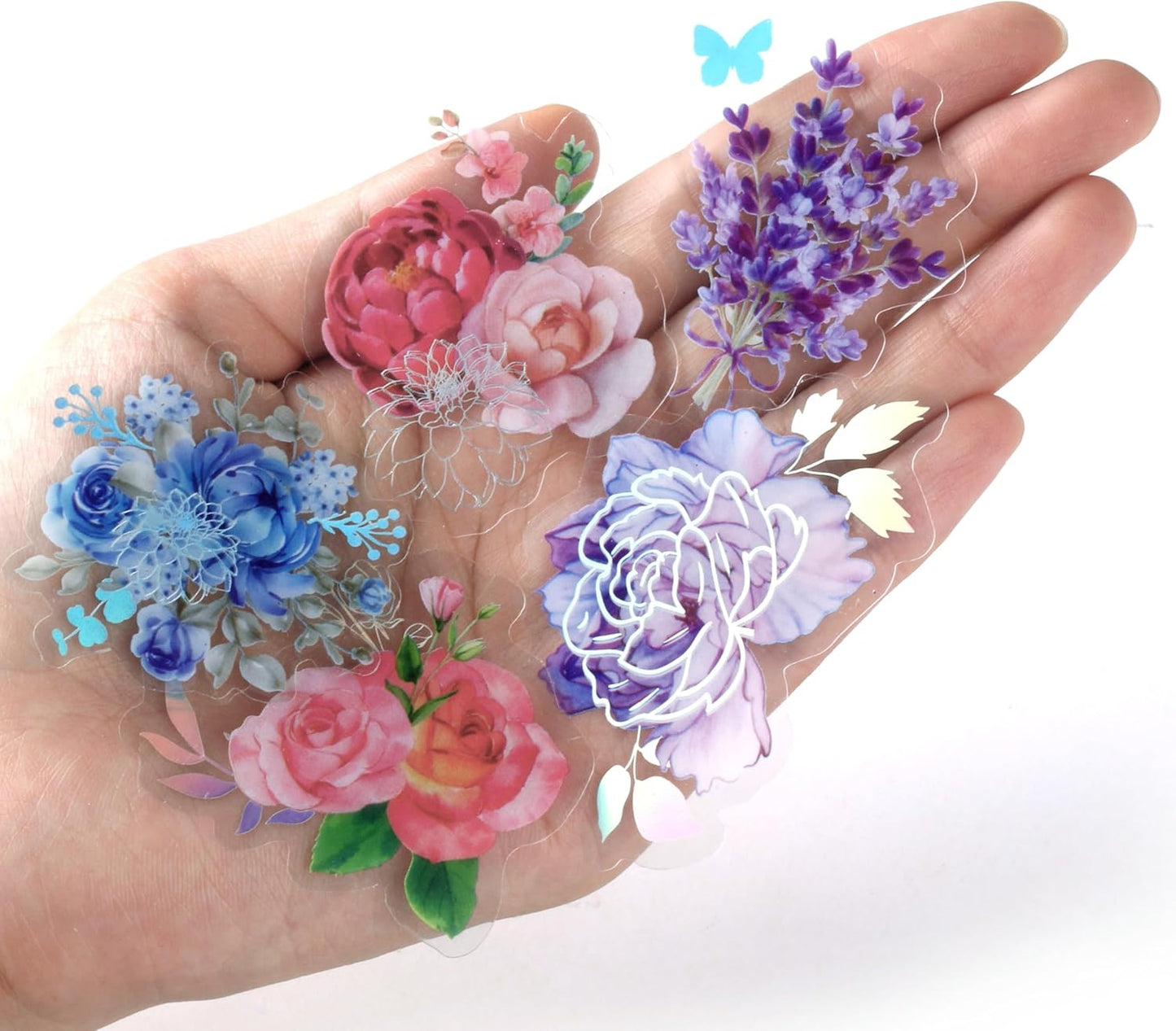 Desecraft 100Pcs Holographic Flower Stickers Nature Adhesive Watercolor Scrapbooking Supplies