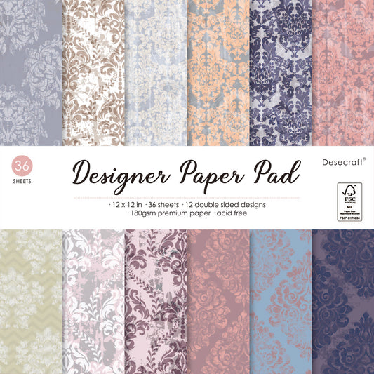 Desecraft Vintage Pastel 12x12 in Double Sided Paper Pad Pack Scrapbook Cardstock Decorative Paper - 36 Sheets