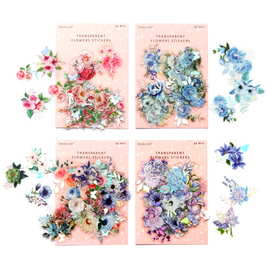 Desecraft 100Pcs Holographic Flower Stickers Nature Adhesive Watercolor Scrapbooking Supplies