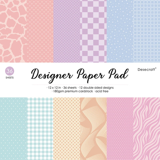 Desecraft Colourful 12x12 in Double Sided Pastel Paper Pad Scrapbook Cardstock Decorative Paper - 36 Sheets